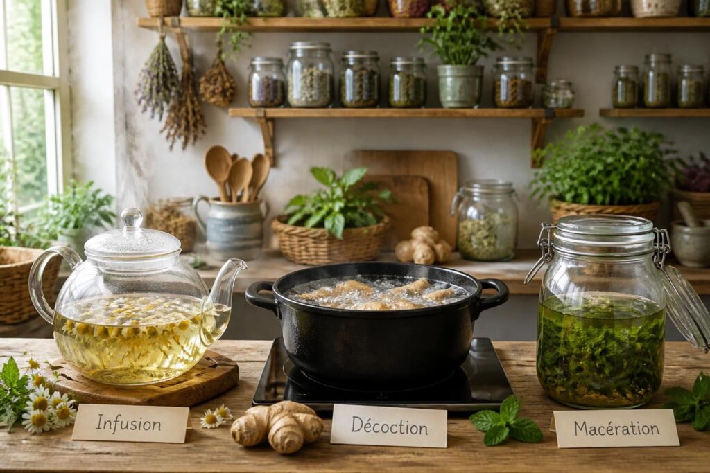 découvrez comment choisir la meilleure méthode d'extraction des principes actifs des plantes : infusion, décoction ou macération, et quelles plantes se prêtent à chaque technique.