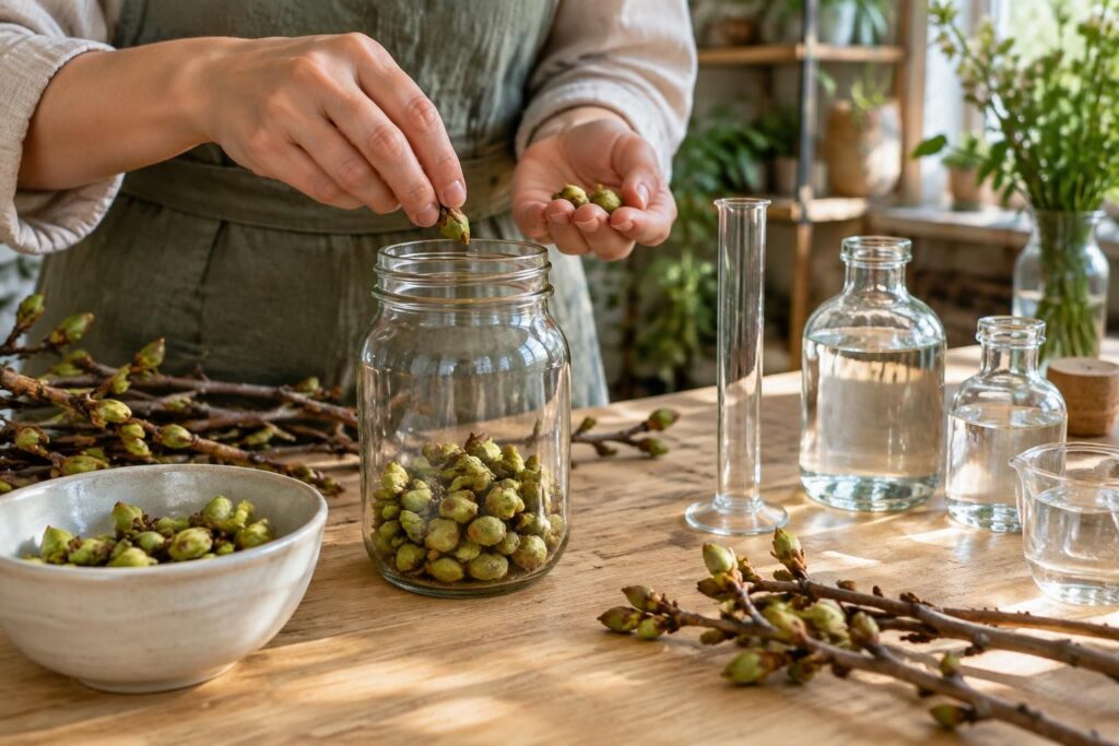 découvrez comment est fabriqué un macérat de bourgeons, de la récolte des jeunes pousses à leur macération, pour préserver leurs précieux composés.